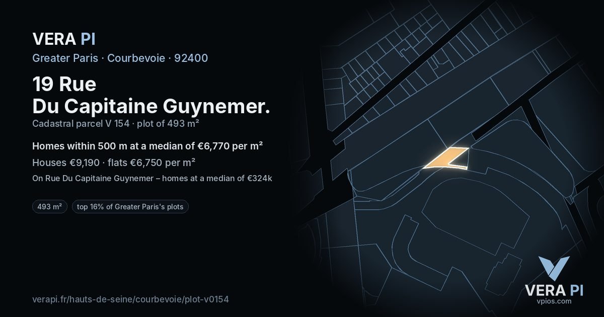 19 Rue Du Capitaine Guynemer, Courbevoie at night – the plot lit, the parcels around coloured by the prices near them