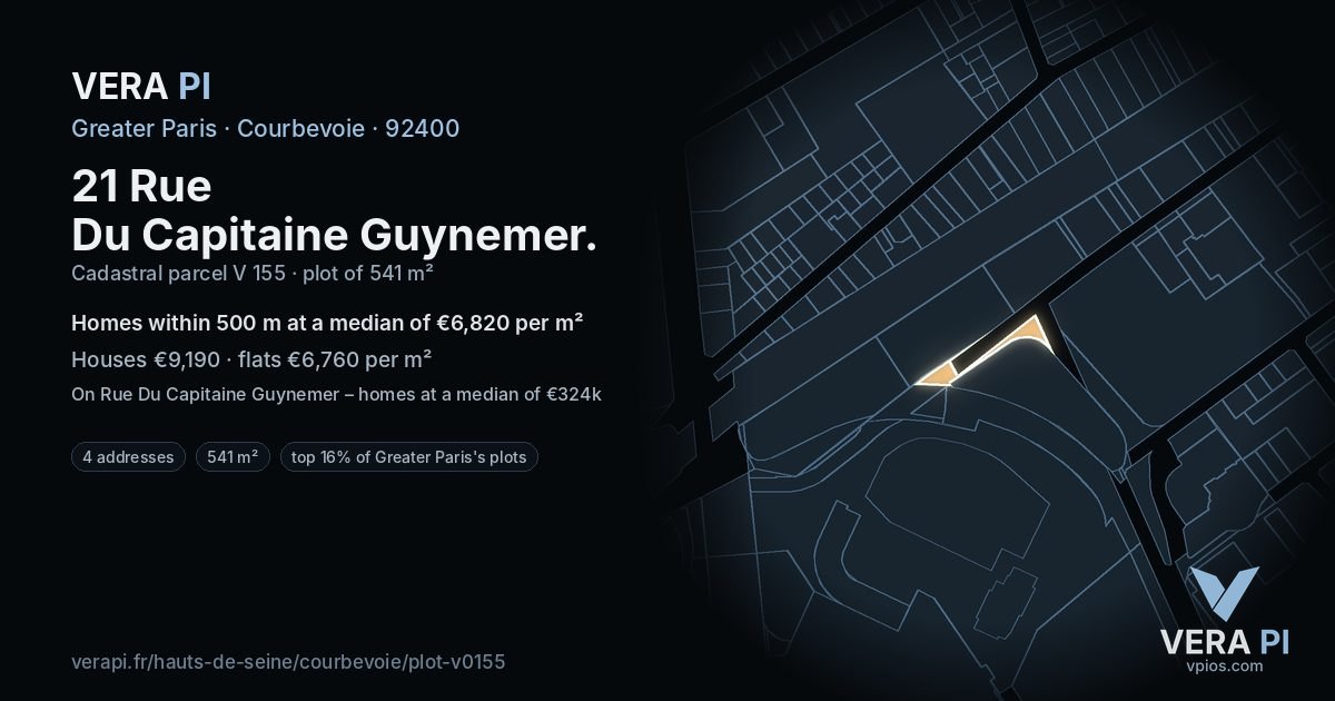 21 Rue Du Capitaine Guynemer, Courbevoie at night – the plot lit, the parcels around coloured by the prices near them