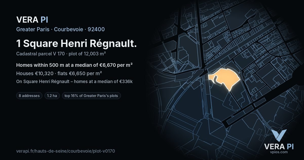 1 Square Henri Régnault, Courbevoie at night – the plot lit, the parcels around coloured by the prices near them