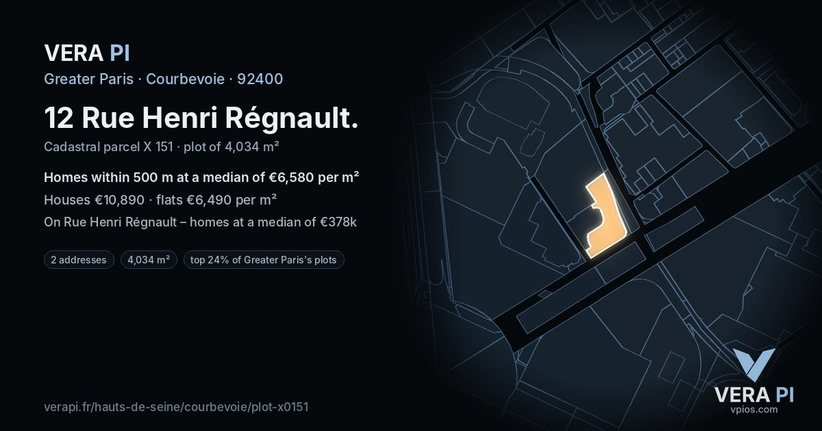 12 Rue Henri Régnault, Courbevoie at night – the plot lit, the parcels around coloured by the prices near them