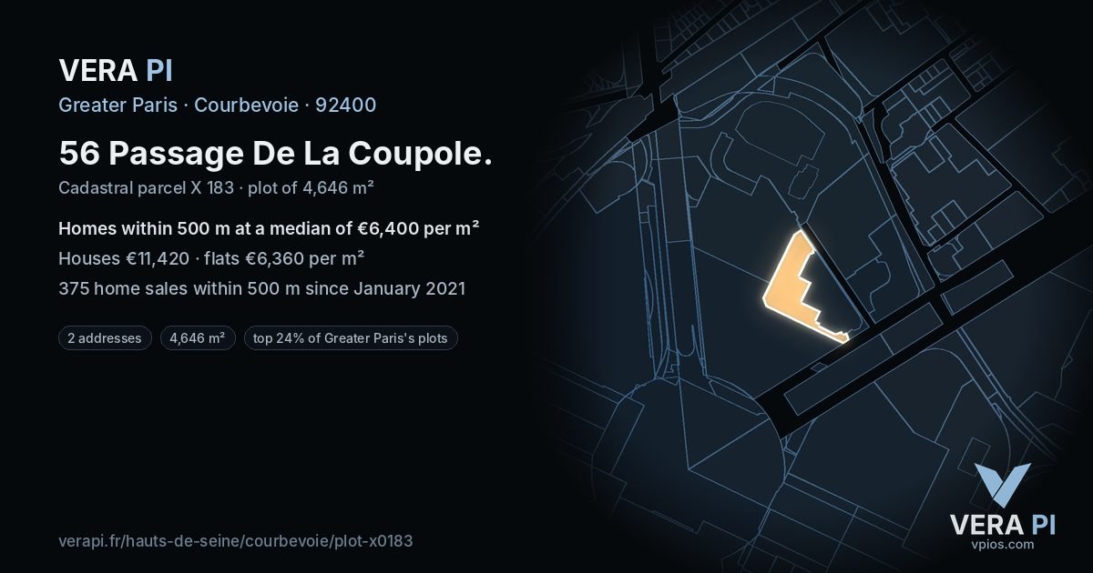 56 Passage De La Coupole, Courbevoie at night – the plot lit, the parcels around coloured by the prices near them