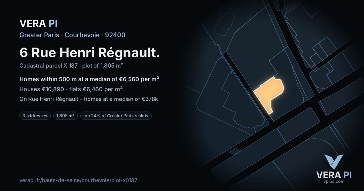 6 Rue Henri Régnault, Courbevoie at night – the plot lit, the parcels around coloured by the prices near them