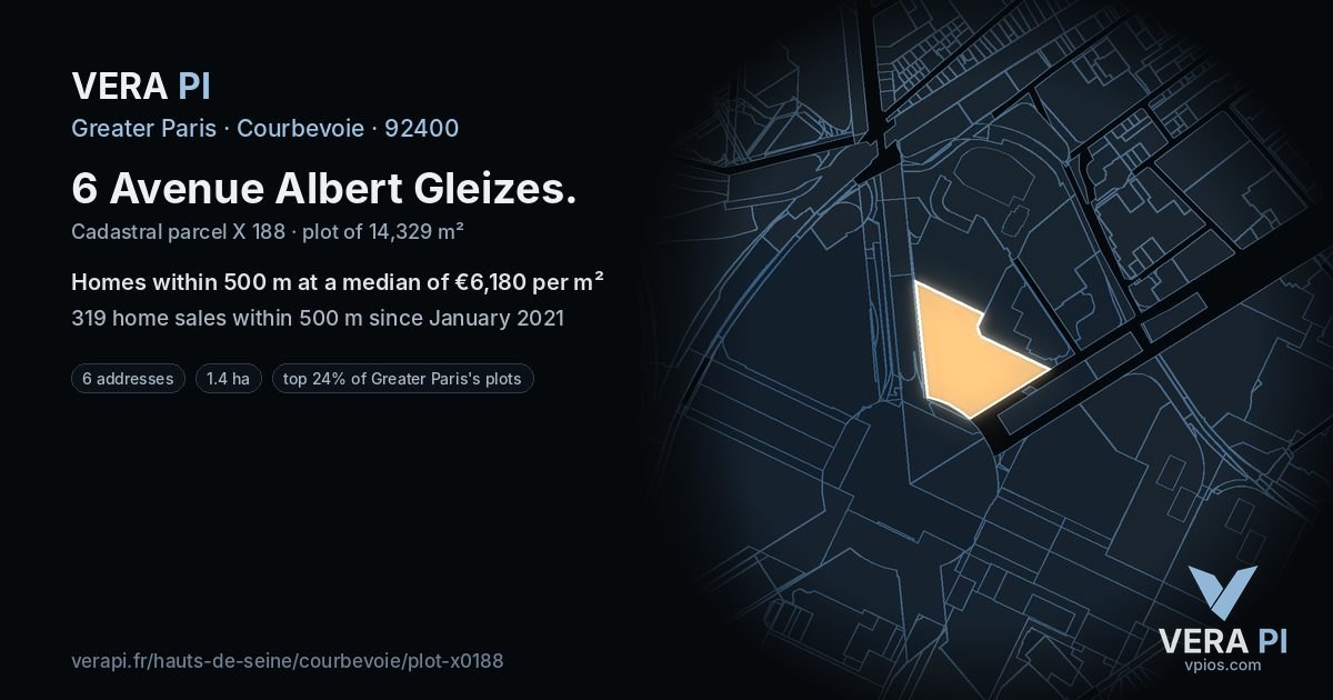 6 Avenue Albert Gleizes, Courbevoie at night – the plot lit, the parcels around coloured by the prices near them