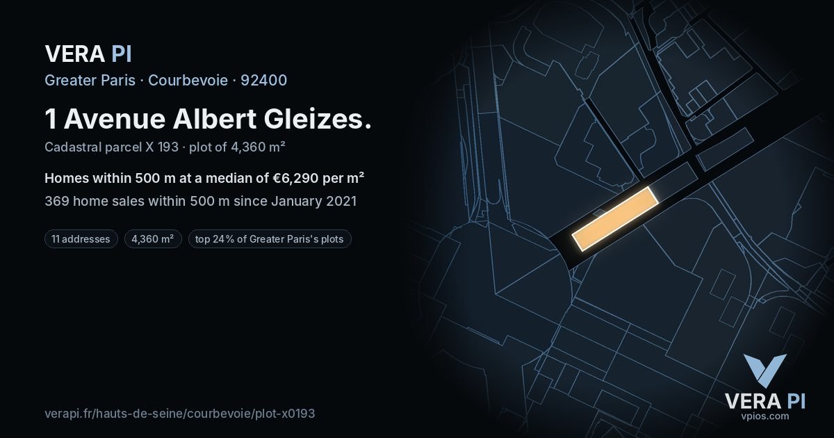 1 Avenue Albert Gleizes, Courbevoie at night – the plot lit, the parcels around coloured by the prices near them