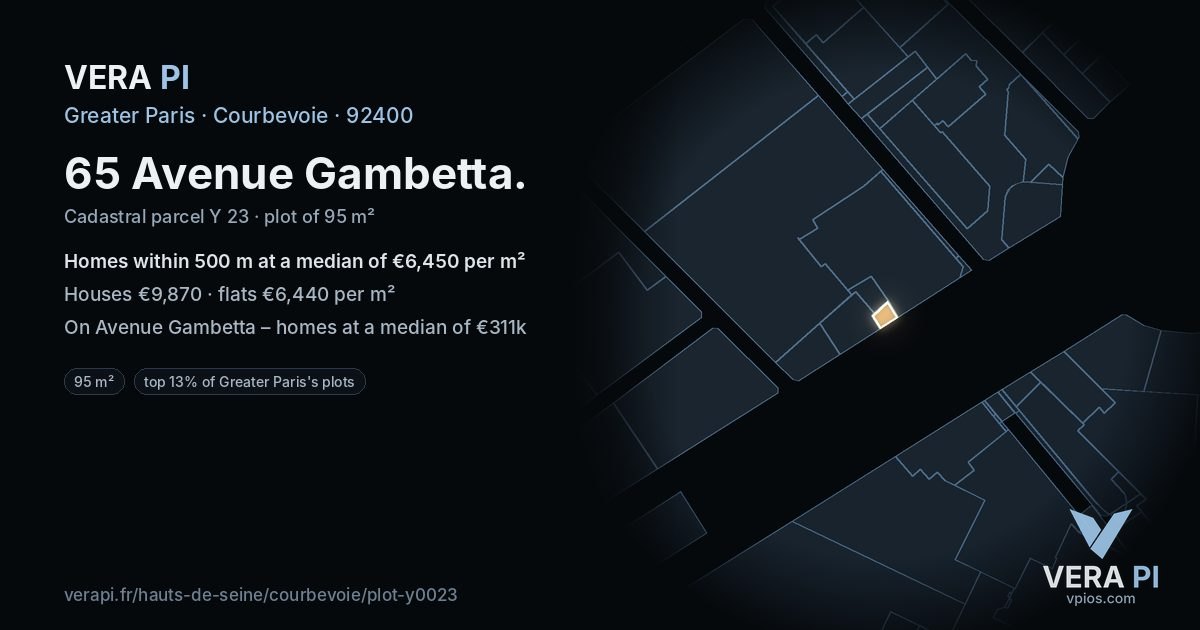 65 Avenue Gambetta, Courbevoie at night – the plot lit, the parcels around coloured by the prices near them