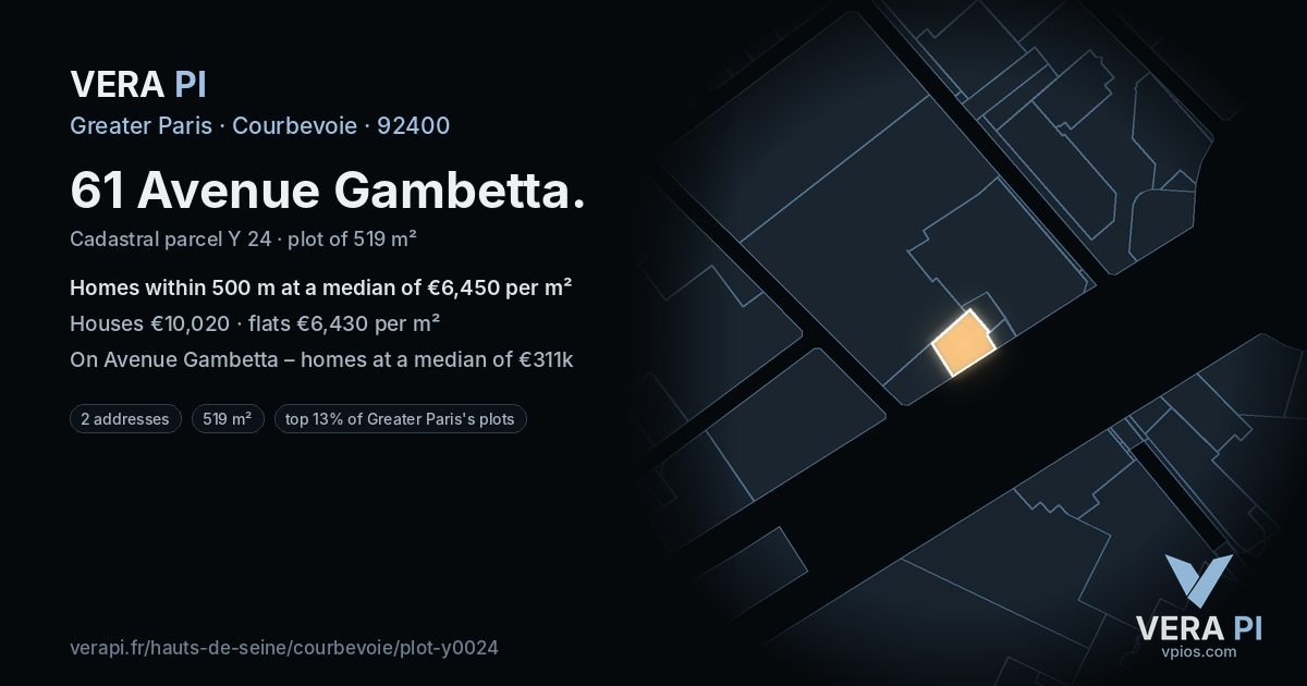 61 Avenue Gambetta, Courbevoie at night – the plot lit, the parcels around coloured by the prices near them