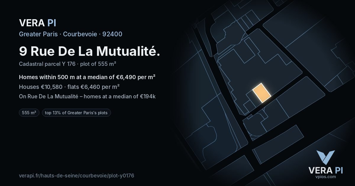 9 Rue De La Mutualité, Courbevoie at night – the plot lit, the parcels around coloured by the prices near them