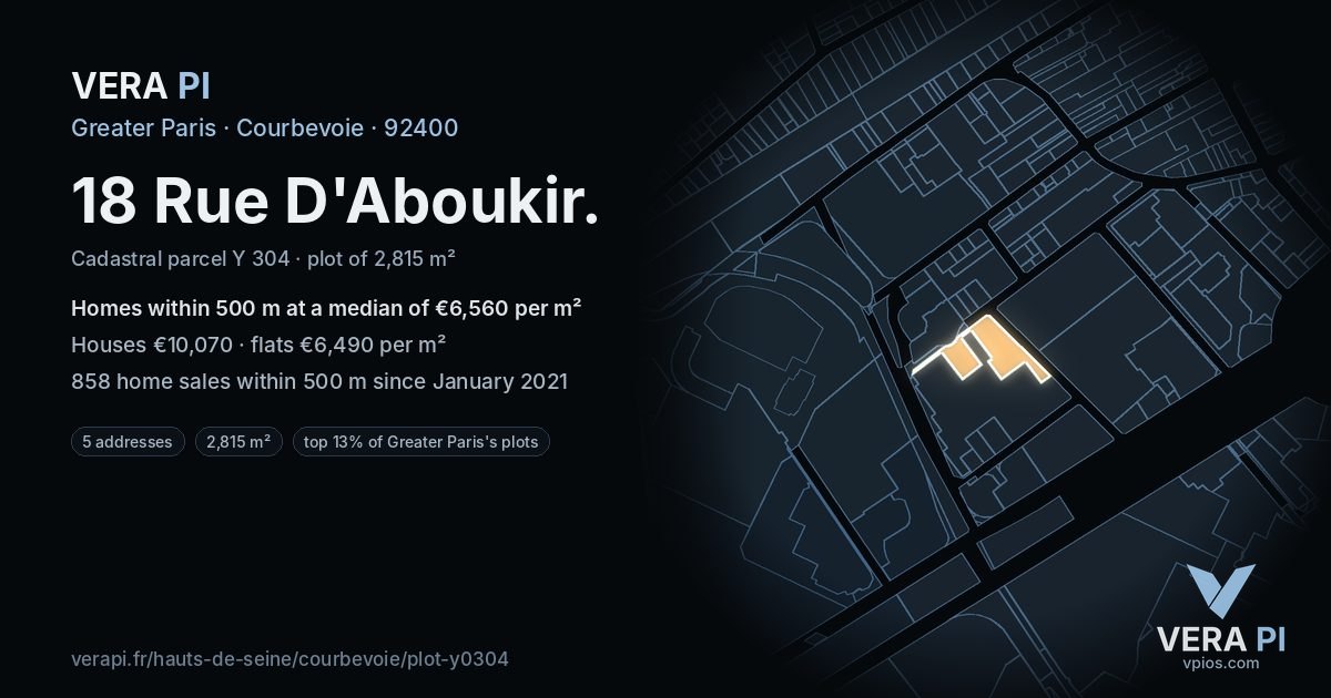 18 Rue D'Aboukir, Courbevoie at night – the plot lit, the parcels around coloured by the prices near them