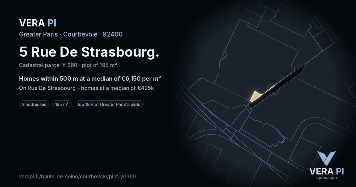 5 Rue De Strasbourg, Courbevoie at night – the plot lit, the parcels around coloured by the prices near them
