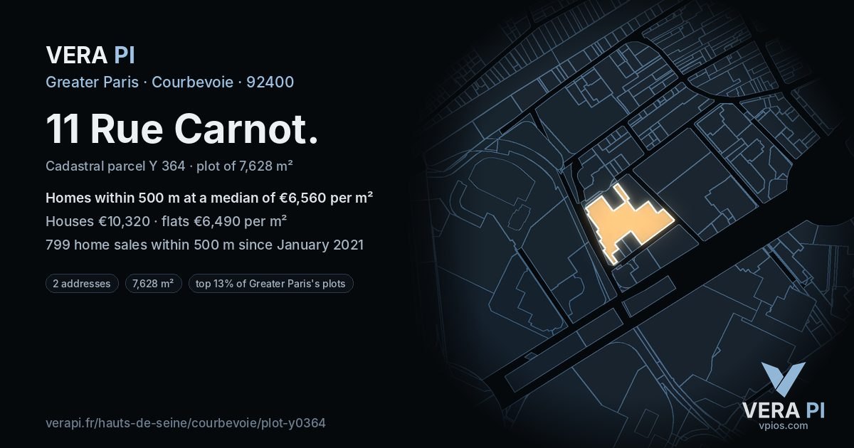 11 Rue Carnot, Courbevoie at night – the plot lit, the parcels around coloured by the prices near them