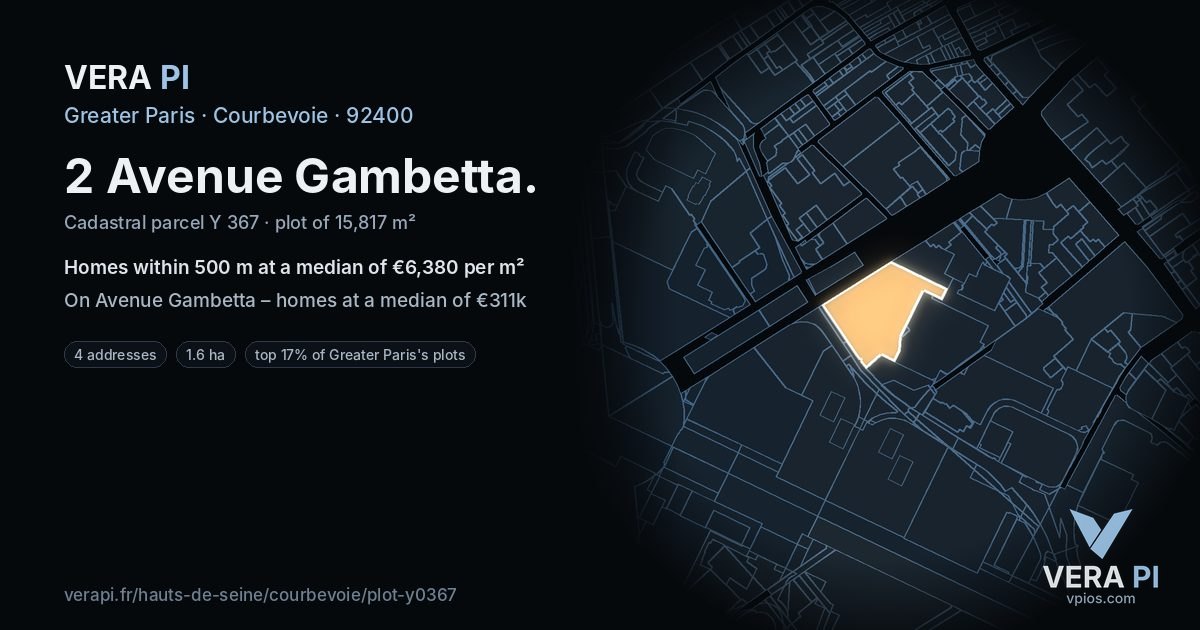 2 Avenue Gambetta, Courbevoie at night – the plot lit, the parcels around coloured by the prices near them