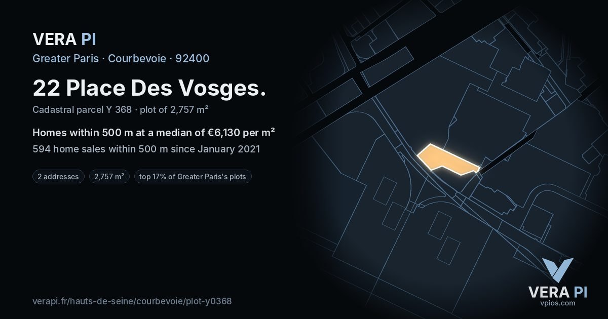 22 Place Des Vosges, Courbevoie at night – the plot lit, the parcels around coloured by the prices near them