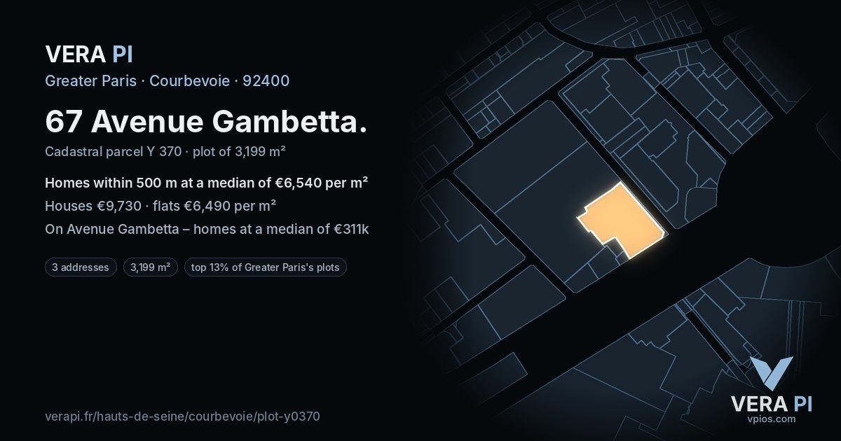 67 Avenue Gambetta, Courbevoie at night – the plot lit, the parcels around coloured by the prices near them