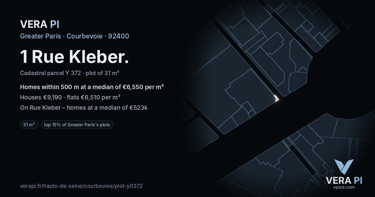 1 Rue Kleber, Courbevoie at night – the plot lit, the parcels around coloured by the prices near them