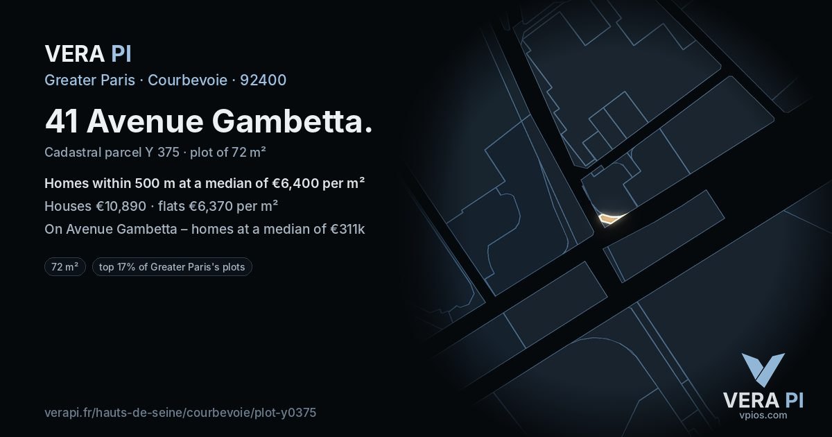 41 Avenue Gambetta, Courbevoie at night – the plot lit, the parcels around coloured by the prices near them