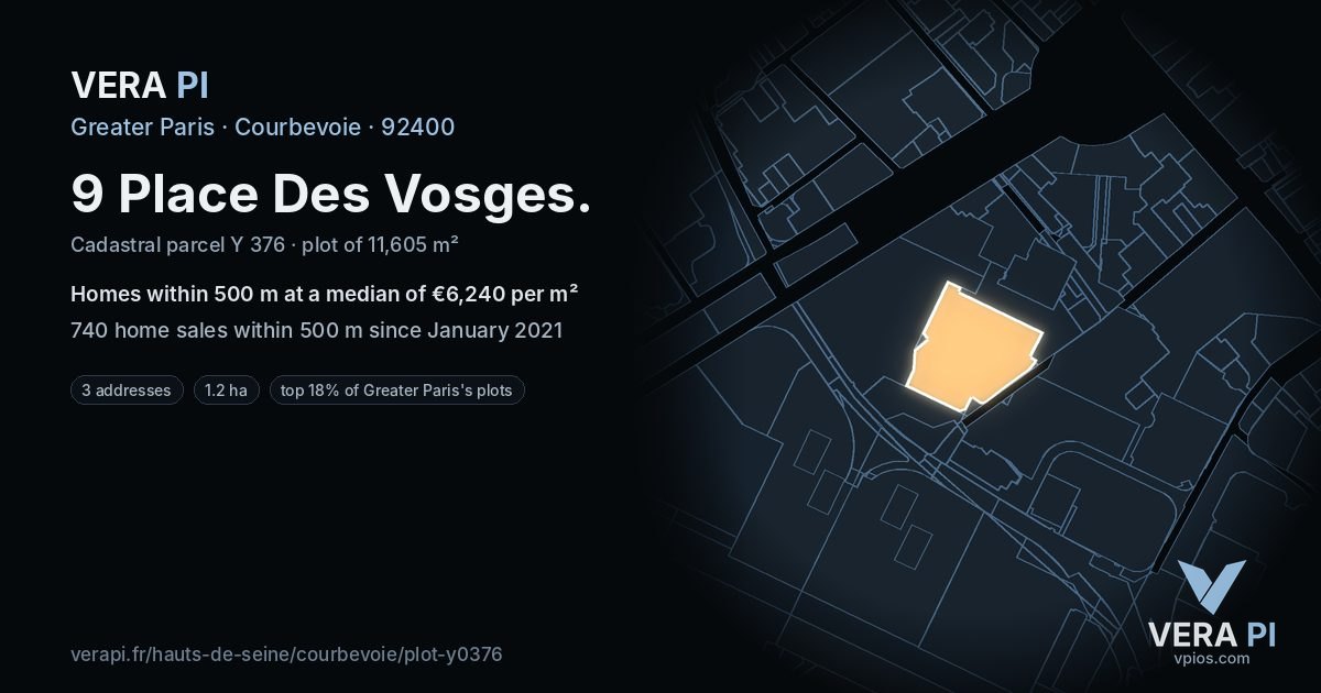 9 Place Des Vosges, Courbevoie at night – the plot lit, the parcels around coloured by the prices near them