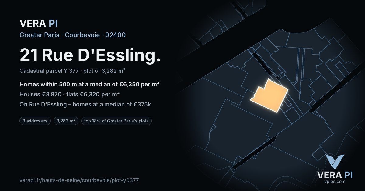 21 Rue D'Essling, Courbevoie at night – the plot lit, the parcels around coloured by the prices near them