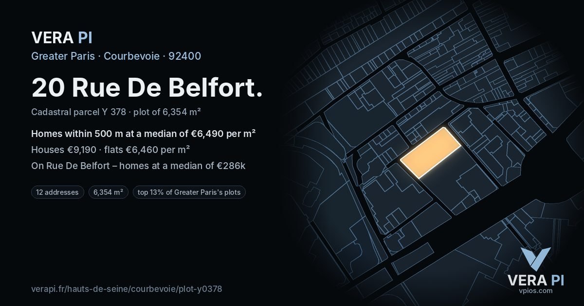 20 Rue De Belfort, Courbevoie at night – the plot lit, the parcels around coloured by the prices near them
