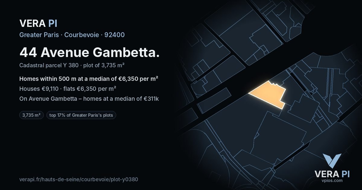 44 Avenue Gambetta, Courbevoie at night – the plot lit, the parcels around coloured by the prices near them