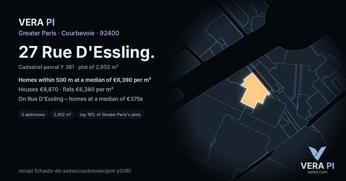 27 Rue D'Essling, Courbevoie at night – the plot lit, the parcels around coloured by the prices near them
