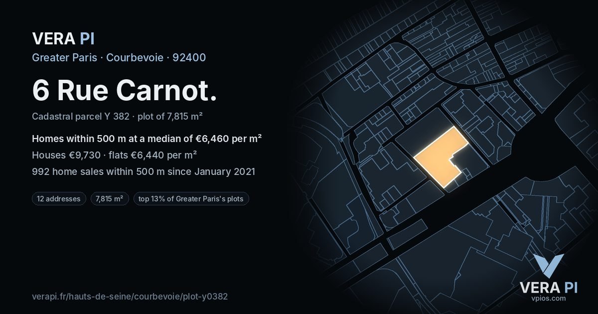 6 Rue Carnot, Courbevoie at night – the plot lit, the parcels around coloured by the prices near them