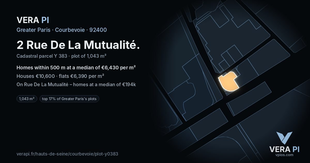2 Rue De La Mutualité, Courbevoie at night – the plot lit, the parcels around coloured by the prices near them