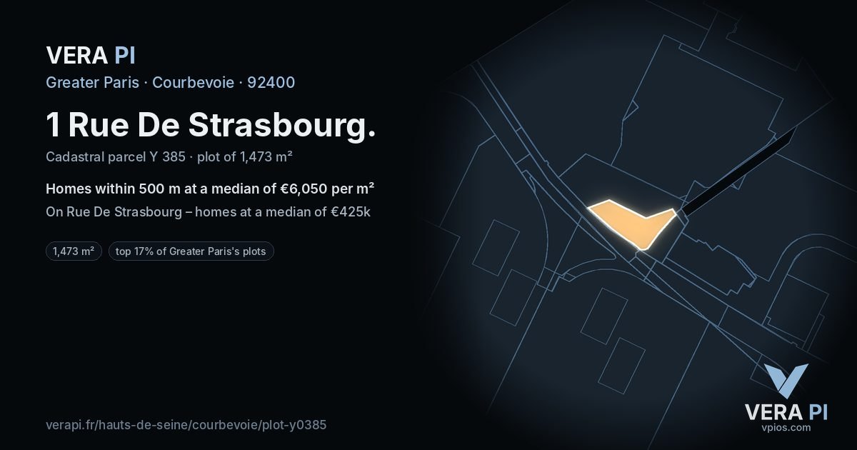 1 Rue De Strasbourg, Courbevoie at night – the plot lit, the parcels around coloured by the prices near them