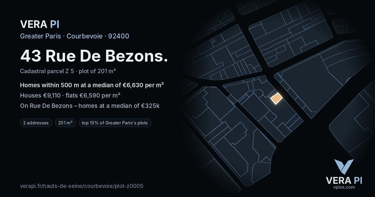 43 Rue De Bezons, Courbevoie at night – the plot lit, the parcels around coloured by the prices near them