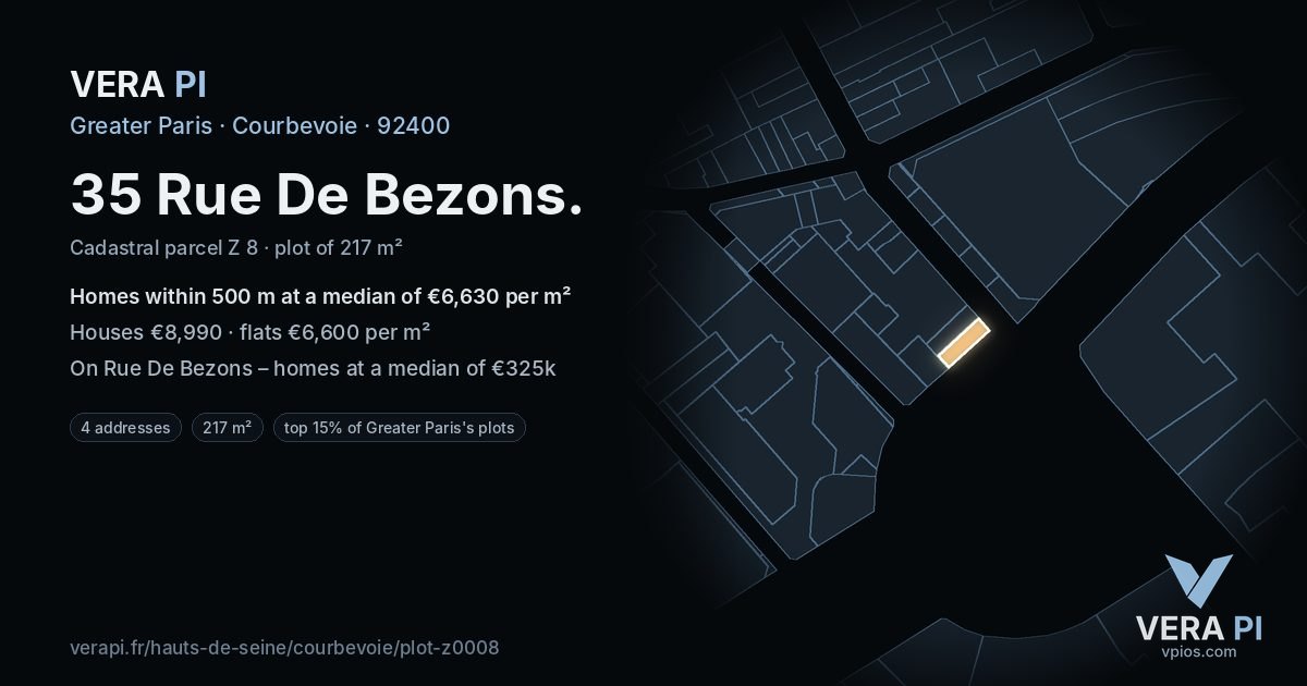 35 Rue De Bezons, Courbevoie at night – the plot lit, the parcels around coloured by the prices near them