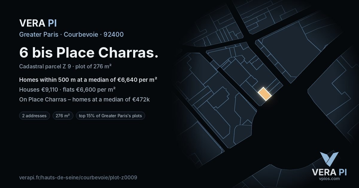 6 bis Place Charras, Courbevoie at night – the plot lit, the parcels around coloured by the prices near them