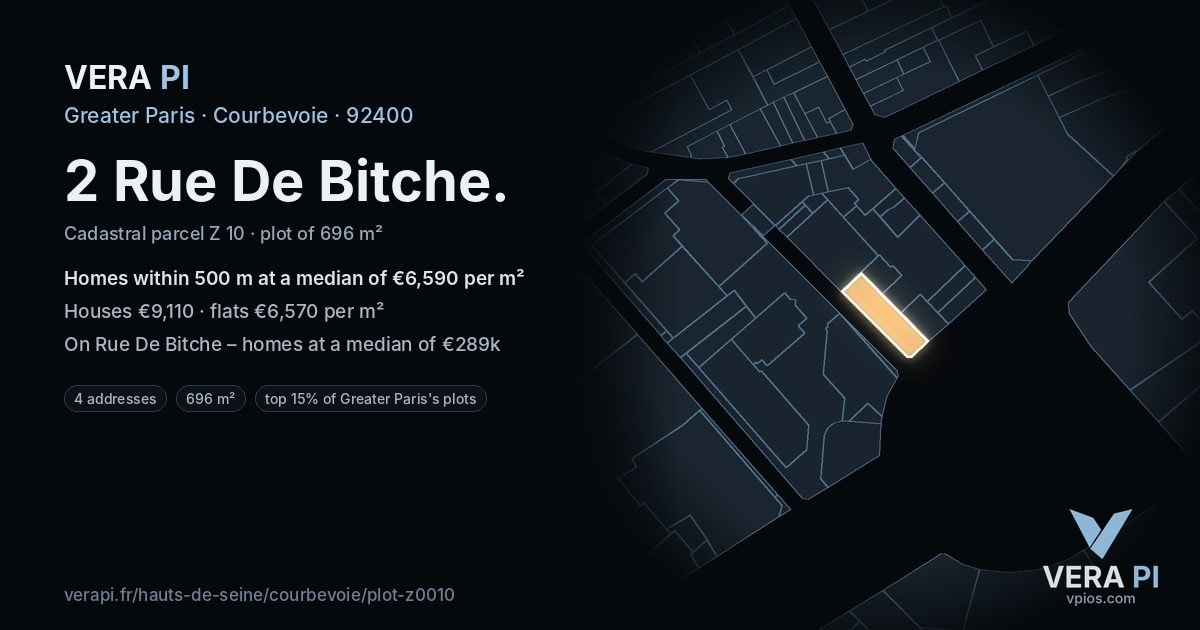 2 Rue De Bitche, Courbevoie at night – the plot lit, the parcels around coloured by the prices near them