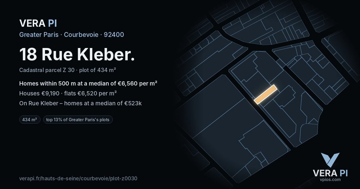 18 Rue Kleber, Courbevoie at night – the plot lit, the parcels around coloured by the prices near them