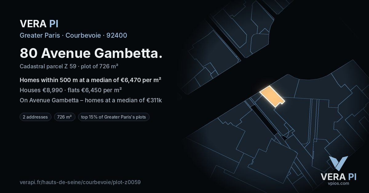 80 Avenue Gambetta, Courbevoie at night – the plot lit, the parcels around coloured by the prices near them
