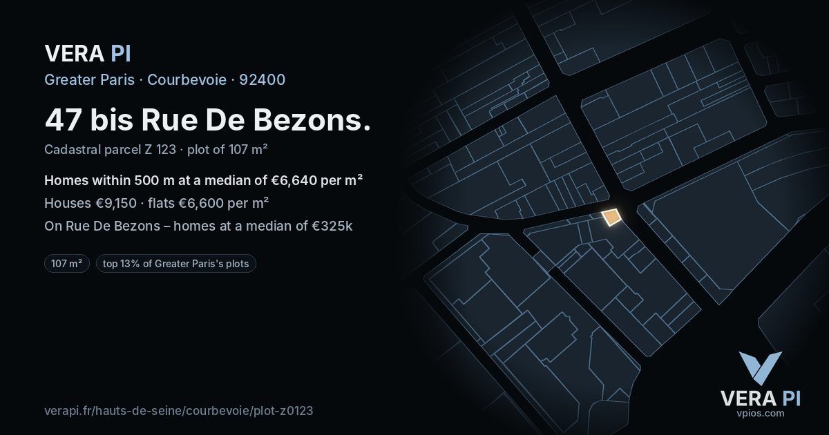 47 bis Rue De Bezons, Courbevoie at night – the plot lit, the parcels around coloured by the prices near them