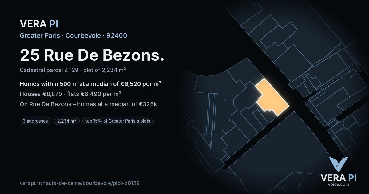 25 Rue De Bezons, Courbevoie at night – the plot lit, the parcels around coloured by the prices near them