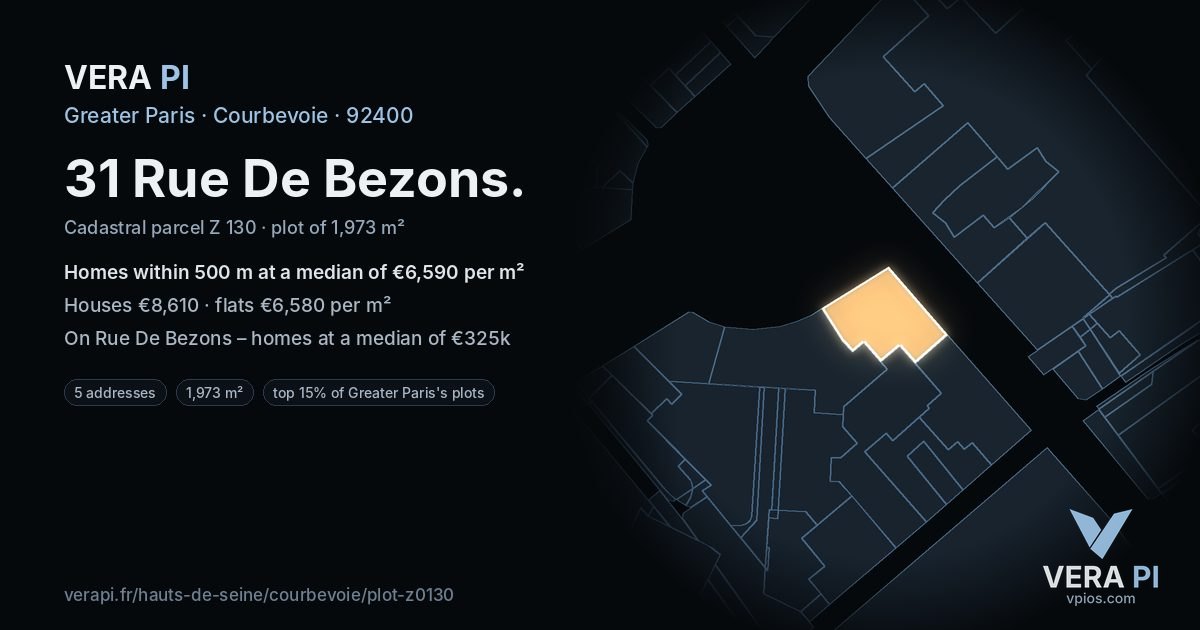 31 Rue De Bezons, Courbevoie at night – the plot lit, the parcels around coloured by the prices near them
