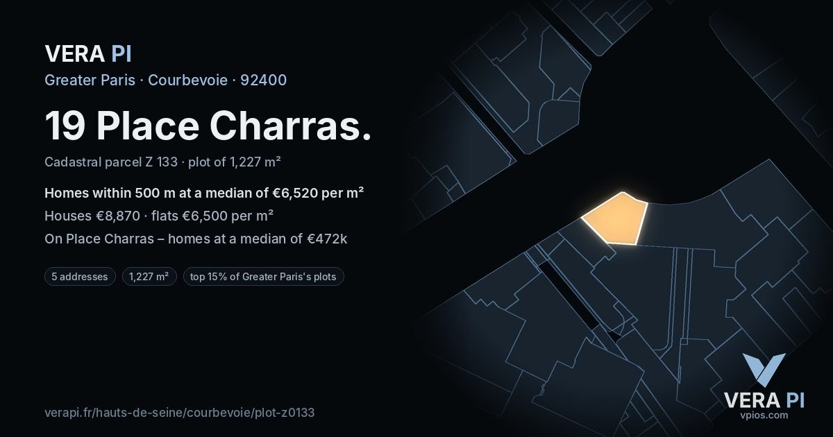 19 Place Charras, Courbevoie at night – the plot lit, the parcels around coloured by the prices near them