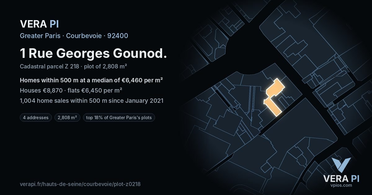 1 Rue Georges Gounod, Courbevoie at night – the plot lit, the parcels around coloured by the prices near them