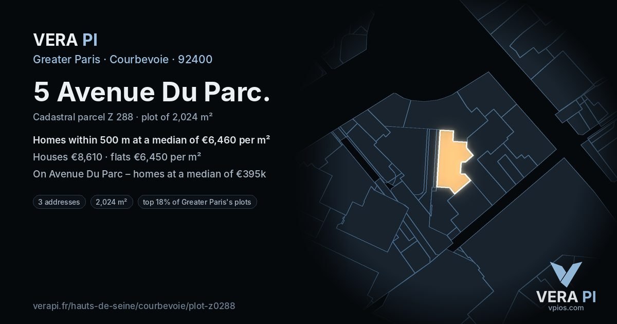 5 Avenue Du Parc, Courbevoie at night – the plot lit, the parcels around coloured by the prices near them