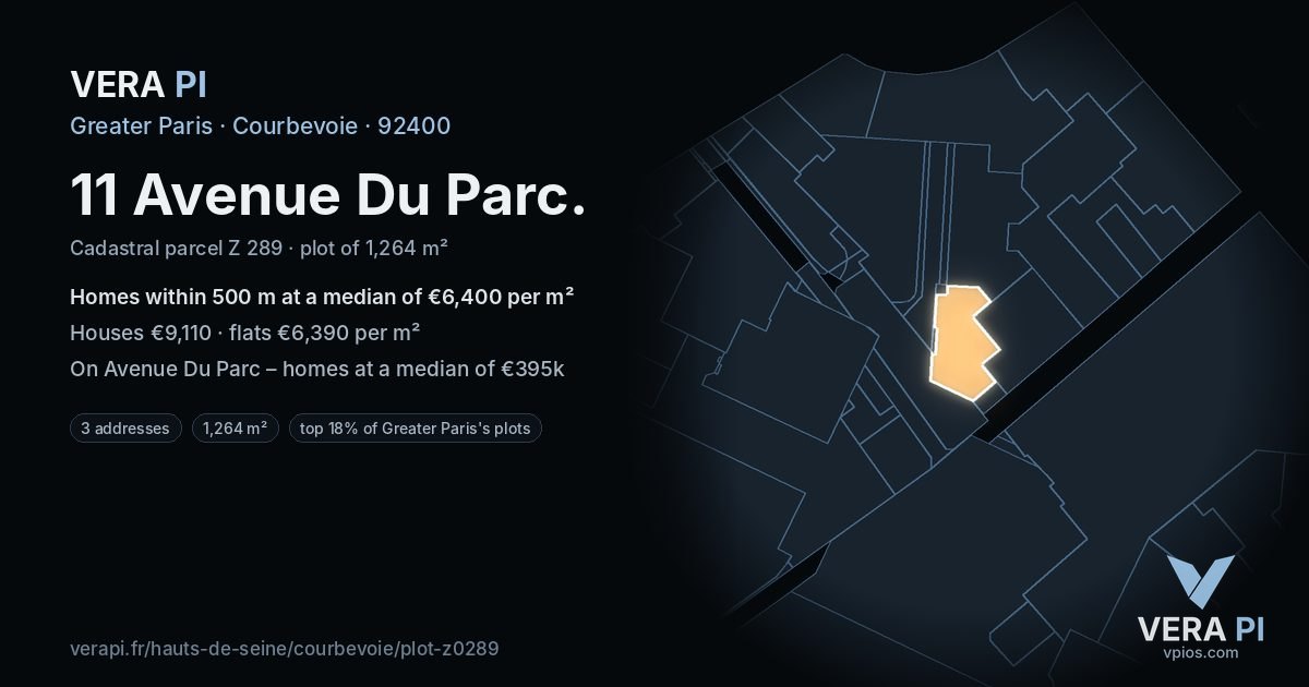 11 Avenue Du Parc, Courbevoie at night – the plot lit, the parcels around coloured by the prices near them