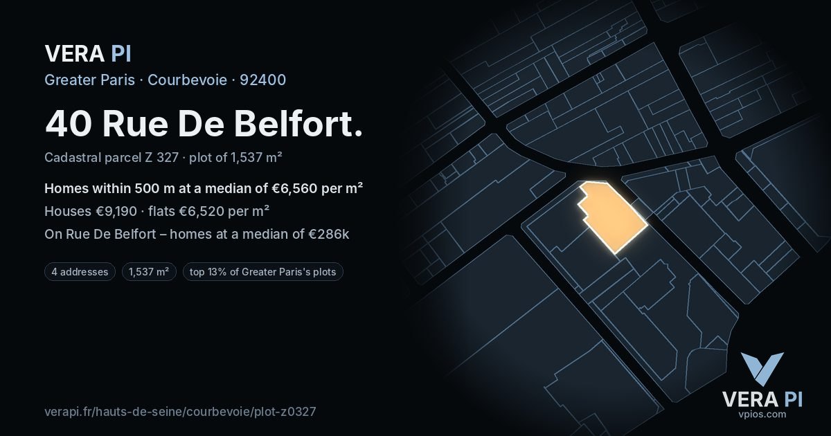 40 Rue De Belfort, Courbevoie at night – the plot lit, the parcels around coloured by the prices near them