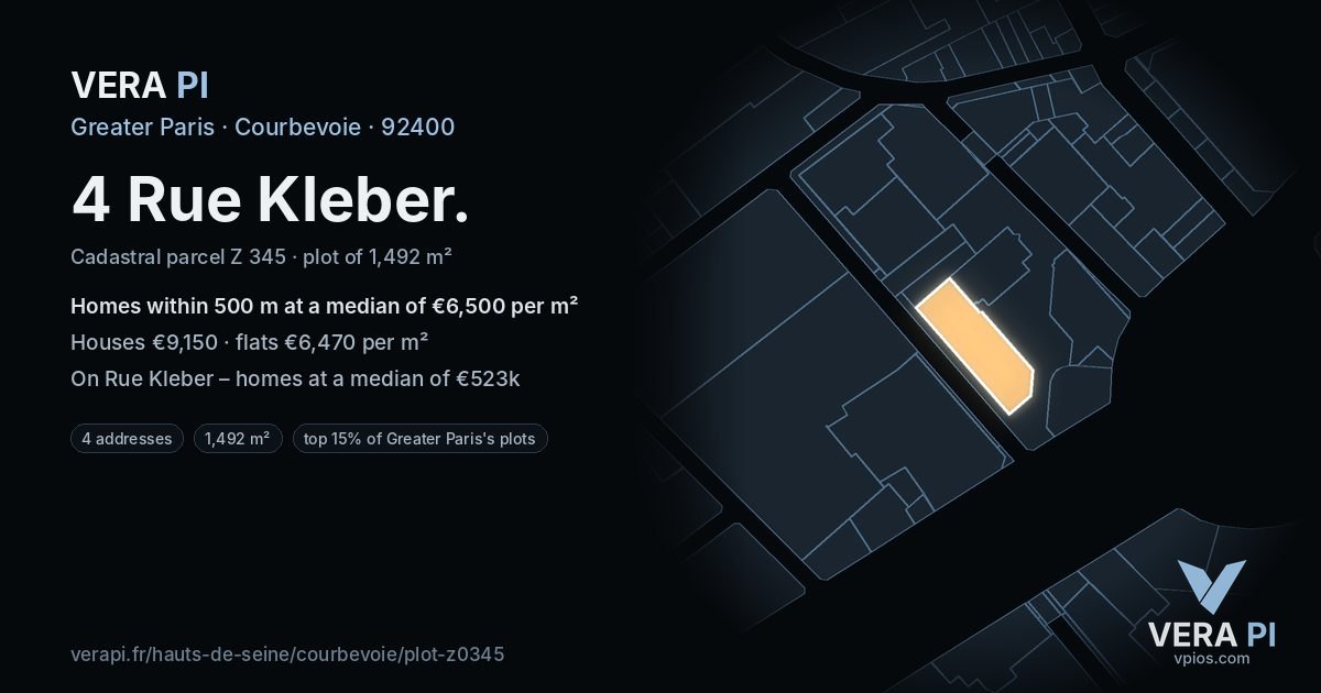 4 Rue Kleber, Courbevoie at night – the plot lit, the parcels around coloured by the prices near them