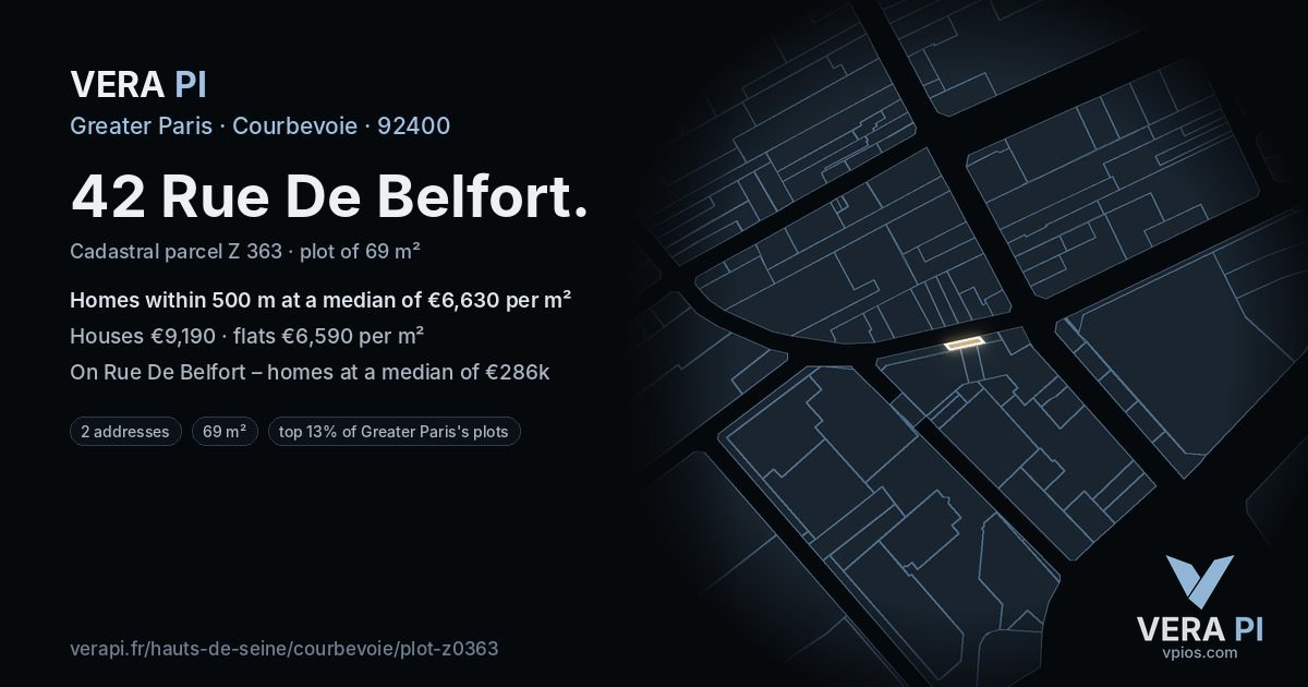 42 Rue De Belfort, Courbevoie at night – the plot lit, the parcels around coloured by the prices near them