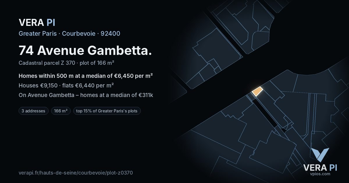74 Avenue Gambetta, Courbevoie at night – the plot lit, the parcels around coloured by the prices near them