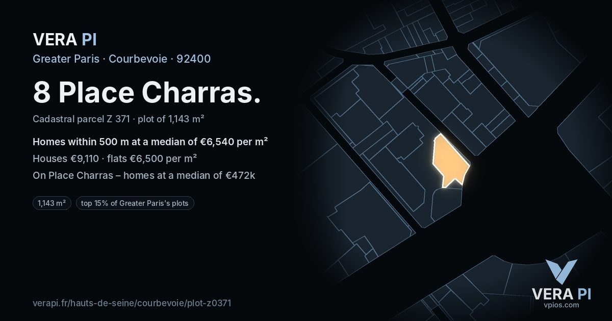 8 Place Charras, Courbevoie at night – the plot lit, the parcels around coloured by the prices near them