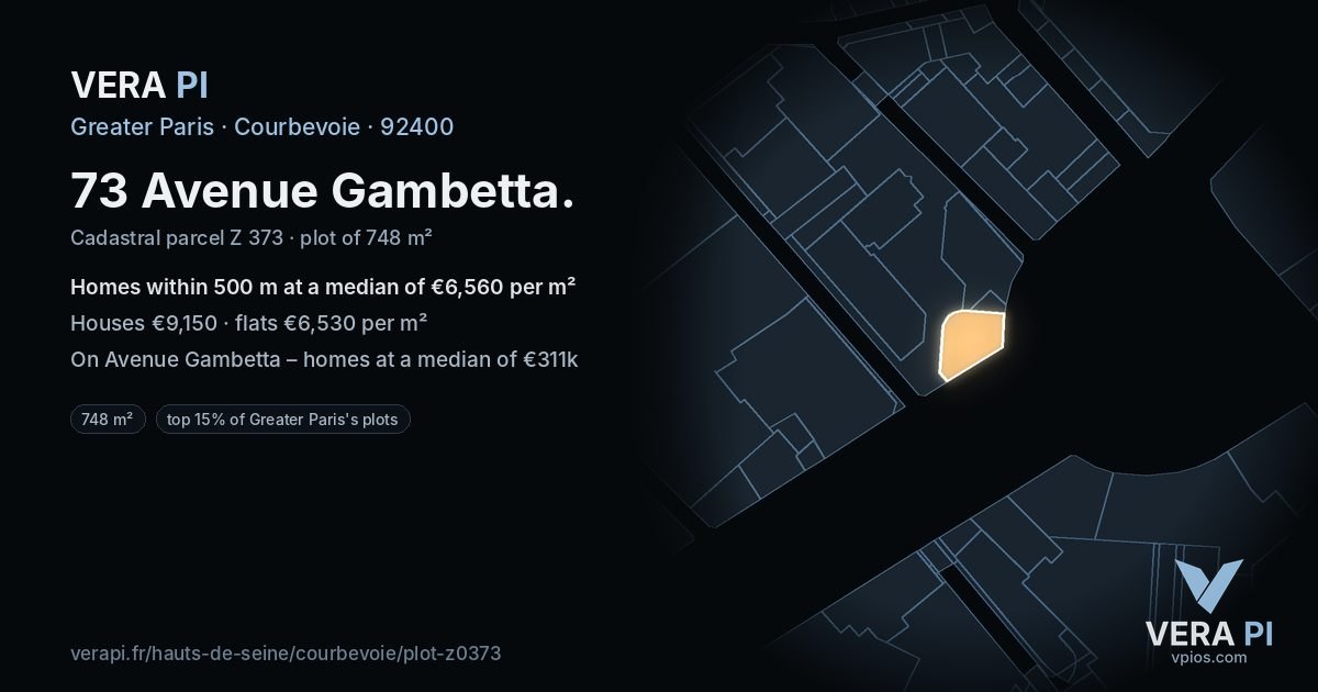 73 Avenue Gambetta, Courbevoie at night – the plot lit, the parcels around coloured by the prices near them