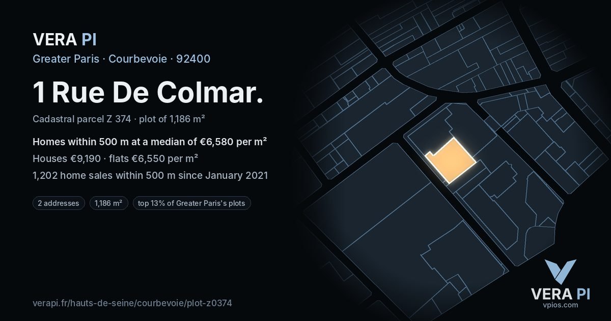 1 Rue De Colmar, Courbevoie at night – the plot lit, the parcels around coloured by the prices near them