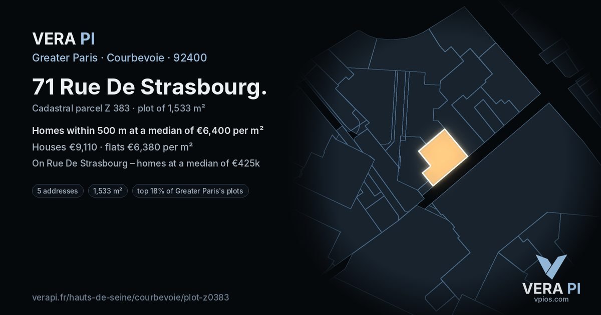 71 Rue De Strasbourg, Courbevoie at night – the plot lit, the parcels around coloured by the prices near them