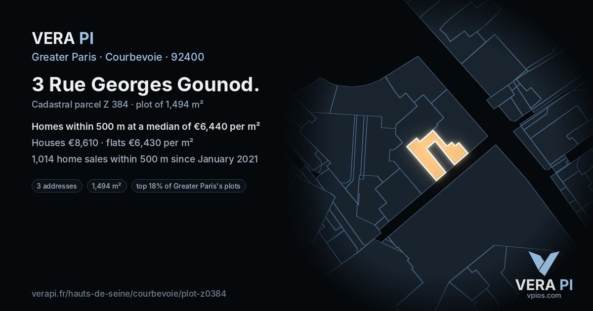 3 Rue Georges Gounod, Courbevoie at night – the plot lit, the parcels around coloured by the prices near them