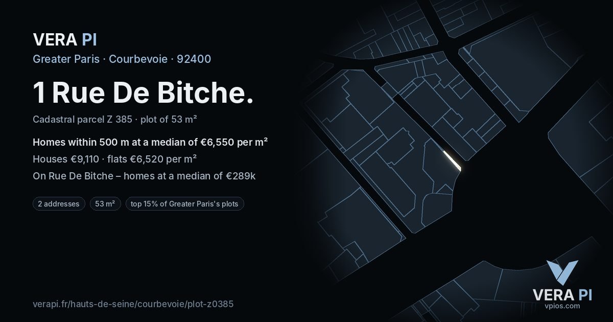 1 Rue De Bitche, Courbevoie at night – the plot lit, the parcels around coloured by the prices near them